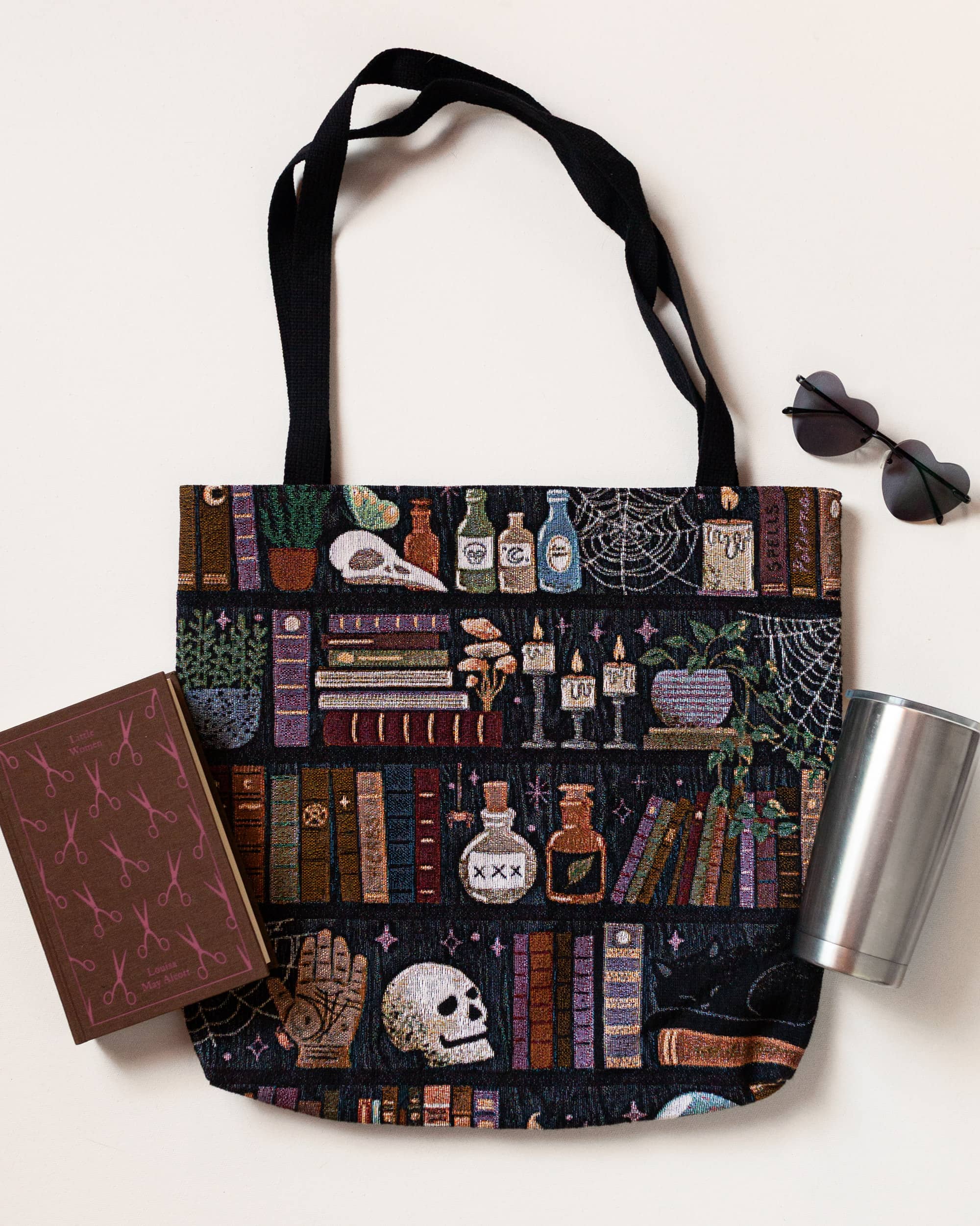 Witch's Bookshelf Woven Tote Bag | Spooky Book Lover Gift