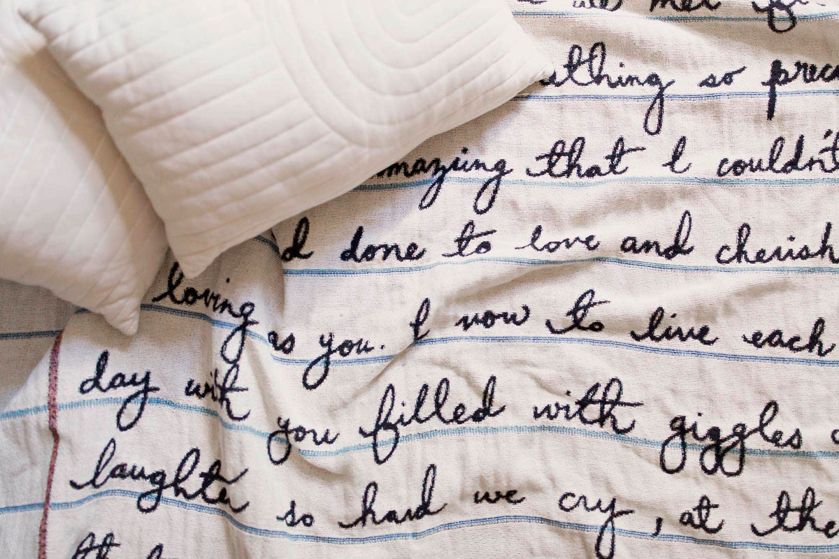 Closeup of Love Letter Blanket and 2 pillows