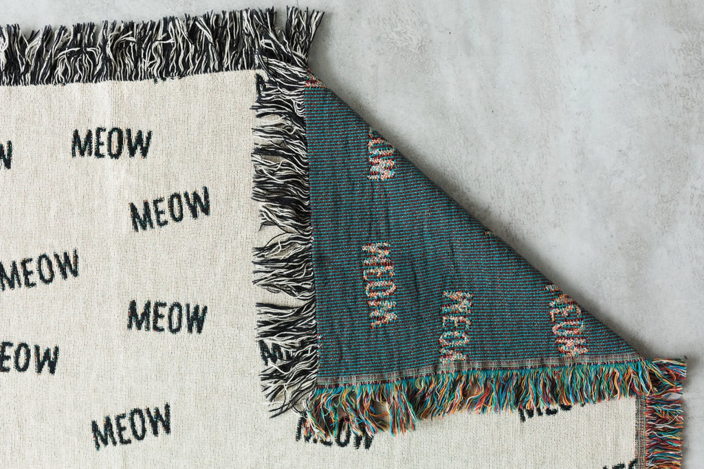 Cat Throw Blanket - "MEOW" Black and White Throws for Cat Room Decor, Dorm Blankets, Funny Blanket, etc.