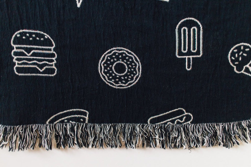 Junk Food Woven Throw Blanket, Funny Blanket, Cute Throw, Black and White Throw, Dorm Room Throw, Pizza Blanket, Hamburger Blanket
