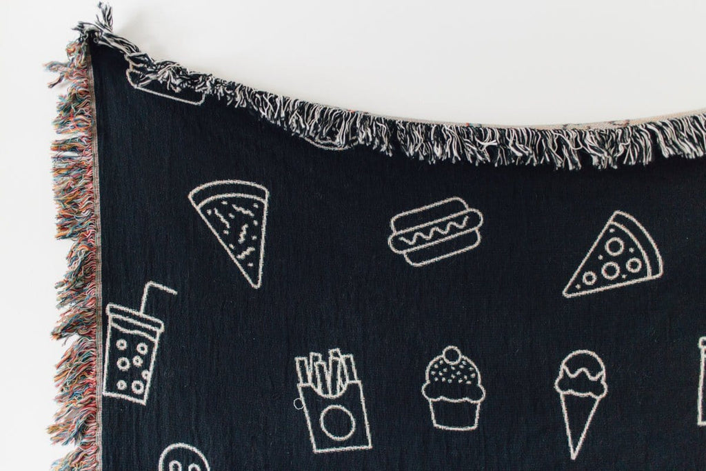 Junk Food Woven Throw Blanket, Funny Blanket, Cute Throw, Black and White Throw, Dorm Room Throw, Pizza Blanket, Hamburger Blanket