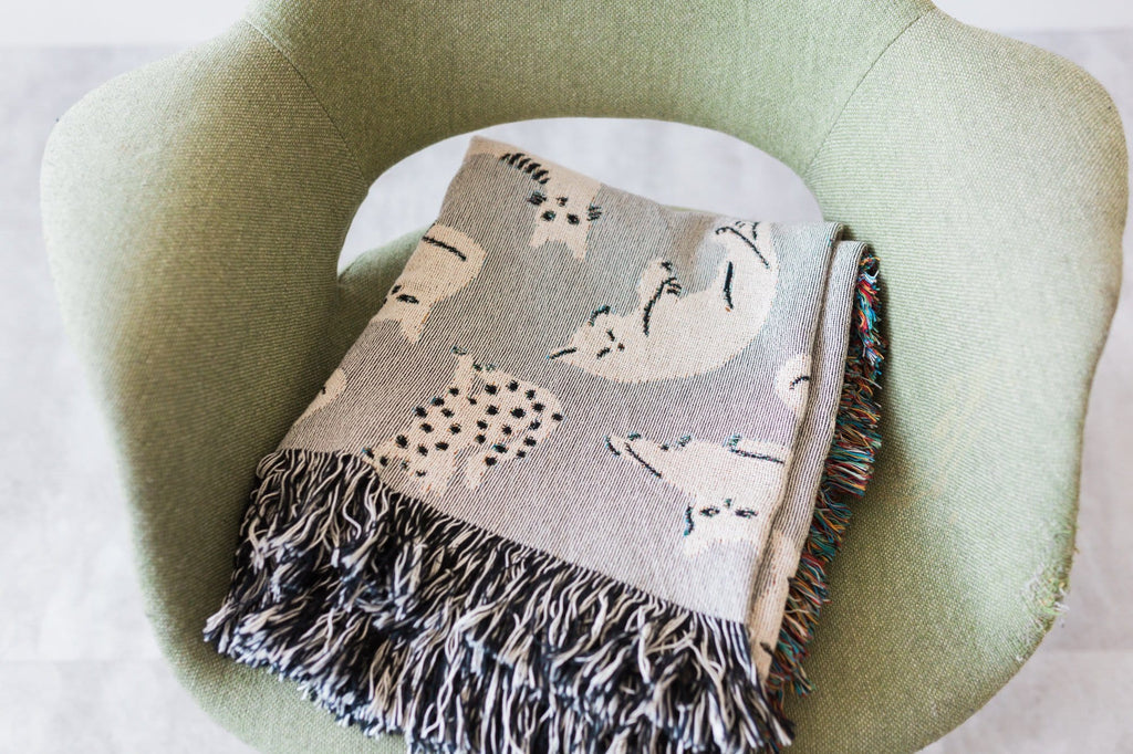 Grey Cats Throw Blanket: Woven Cotton Throw for Sofa, Cute & Funny Gift for Cat or Pet Lovers, Novelty Quirky Decor
